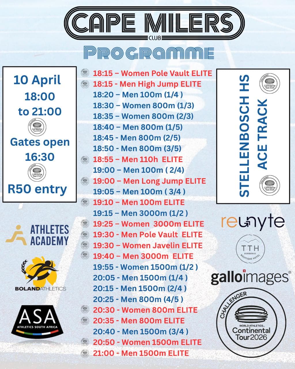 Cape Milers Club 2026 Programme - 10 April, 18:00 to 21:00, Stellenbosch HS ACE Track
